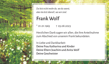 Traueranzeige von Frank Wolf von Südthüringer Presse