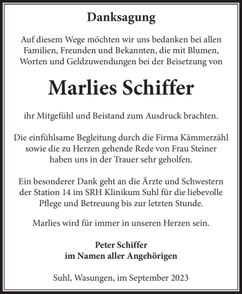 Traueranzeige von Marlies Schiffer von Südthüringer Presse