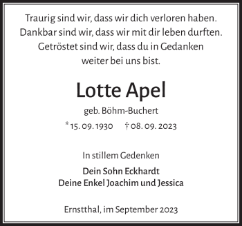 Traueranzeige von Lotte Apel von Südthüringer Presse