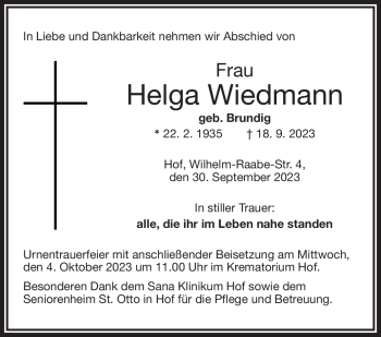 Traueranzeige von Helga Wiedmann von Frankenpost