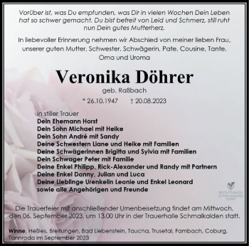 Traueranzeige von Veronika Döhrer von Südthüringer Presse