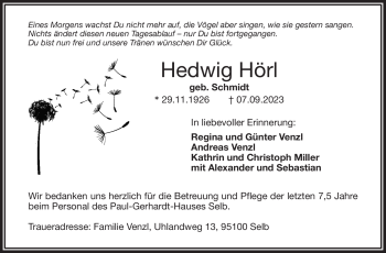 Traueranzeige von Hedwig Hörl von Frankenpost