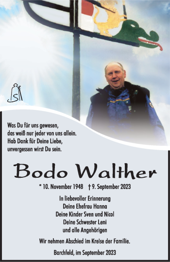 Traueranzeige von Bodo Walther von Südthüringer Presse
