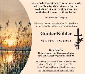 Traueranzeige von Günter Köhler von Frankenpost