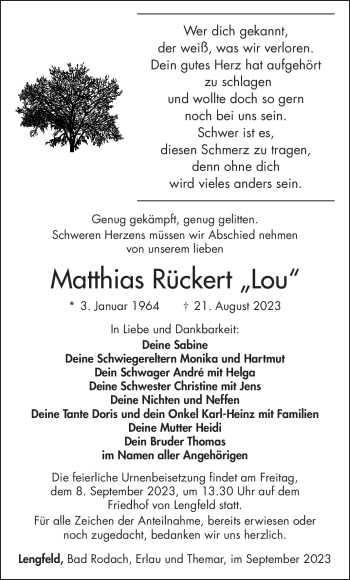 Traueranzeige von Matthias Rückert von Südthüringer Presse