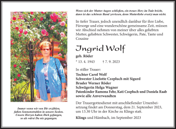 Traueranzeige von Ingrid Wolf von Südthüringer Presse