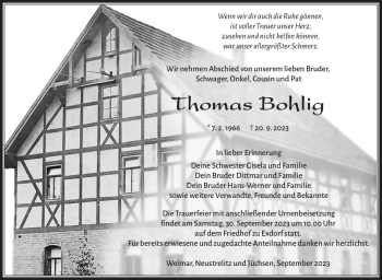 Traueranzeige von Thomas Bohlig von Südthüringer Presse