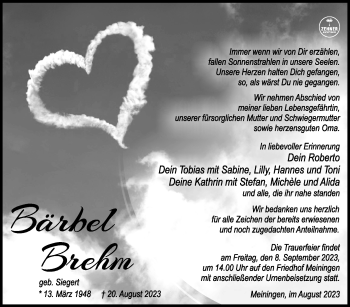 Traueranzeige von Bärbel Brehm von Südthüringer Presse