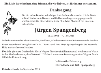 Traueranzeige von Jürgen Spangenberg von Südthüringer Presse