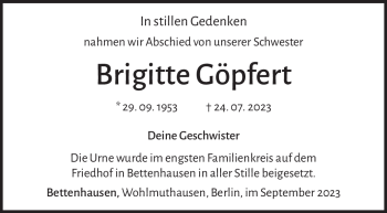 Traueranzeige von Brigitte Göpfert von Südthüringer Presse