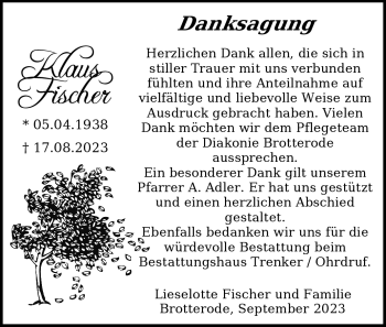 Traueranzeige von Klaus Fischer von Südthüringer Presse