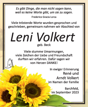 Traueranzeige von Leni Volkert von Südthüringer Presse