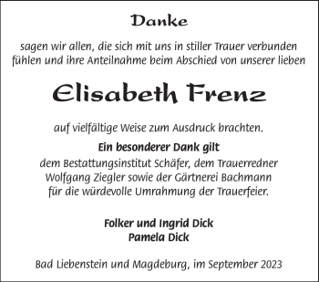 Traueranzeige von Elisabeth Frenz von Südthüringer Presse