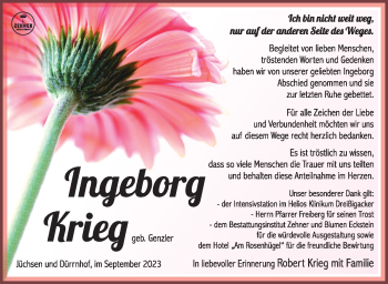 Traueranzeige von Ingeborg Krieg von Südthüringer Presse