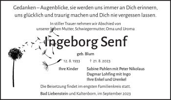 Traueranzeige von Ingeborg Senf von Südthüringer Presse