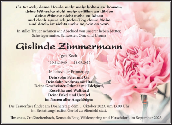 Traueranzeige von Gislinde Zimmermann von Südthüringer Presse