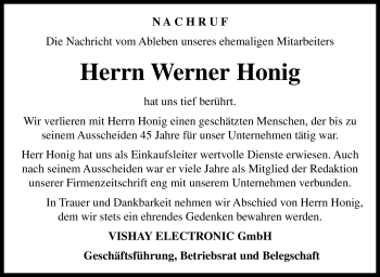Traueranzeige von Werner Honig von Frankenpost