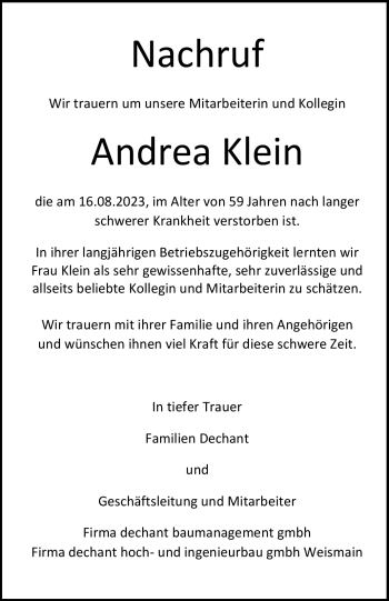 Traueranzeige von Andrea Klein von Neue Presse Coburg