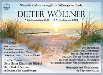 Traueranzeige von Dieter Wöllner von Südthüringer Presse