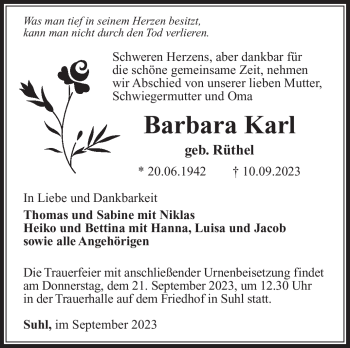 Traueranzeige von Barbara Karl von Südthüringer Presse