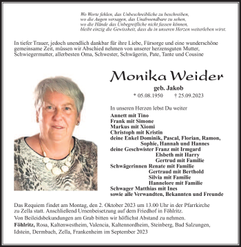 Traueranzeige von Monika Weiter von Südthüringer Presse