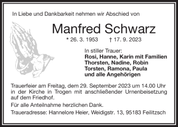 Traueranzeige von Manfred Schwarz von Frankenpost