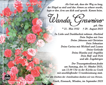Traueranzeige von Wanda Grasreiner von Südthüringer Presse