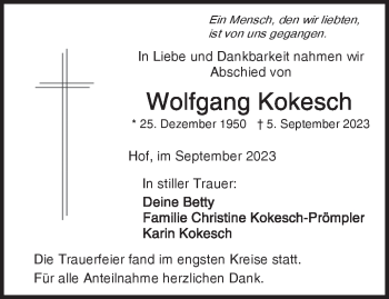 Traueranzeige von Wolfgang Kokesch von Frankenpost