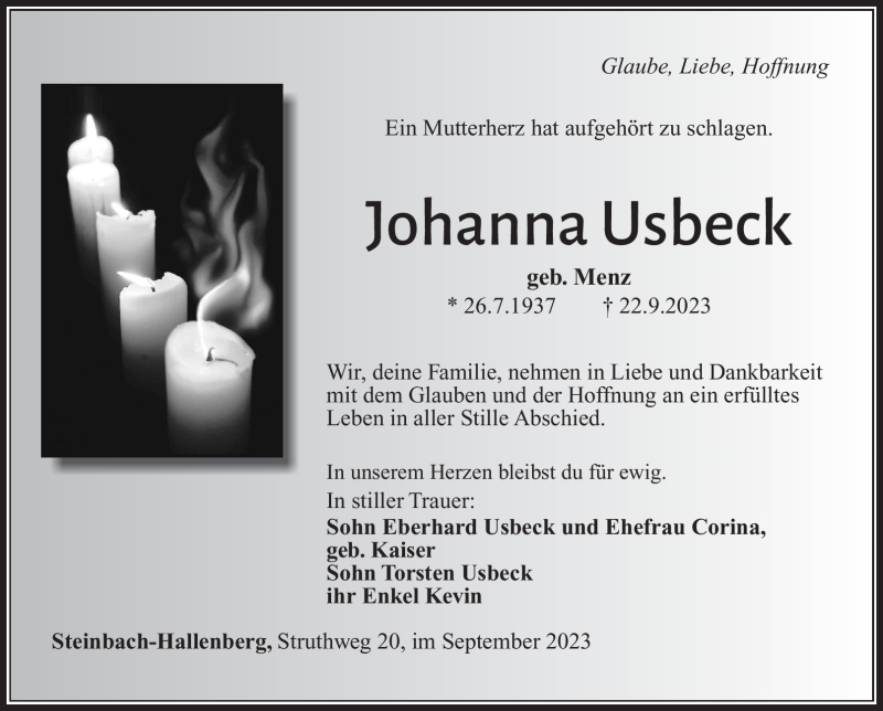  Traueranzeige für Johanna Usbeck vom 30.09.2023 aus Südthüringer Presse