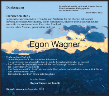 Traueranzeige von Egon Wagner von Südthüringer Presse