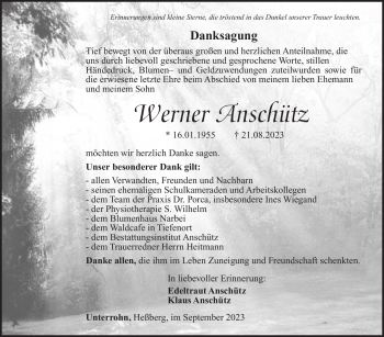 Traueranzeige von Werner Anschütz von Südthüringer Presse