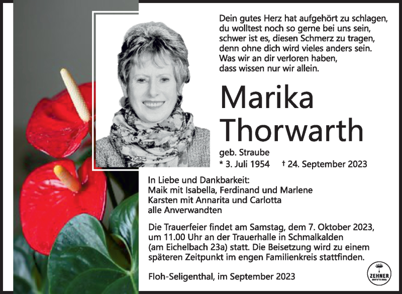  Traueranzeige für Marika Thorwarth vom 30.09.2023 aus Südthüringer Presse