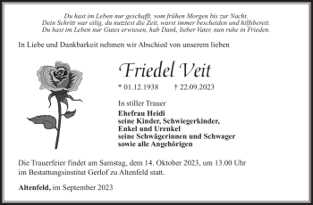 Traueranzeige von Friedel Veit von Südthüringer Presse