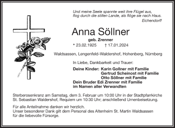 Traueranzeige von Anna Söllner von Frankenpost