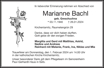 Traueranzeige von Marianne Bachl von Frankenpost