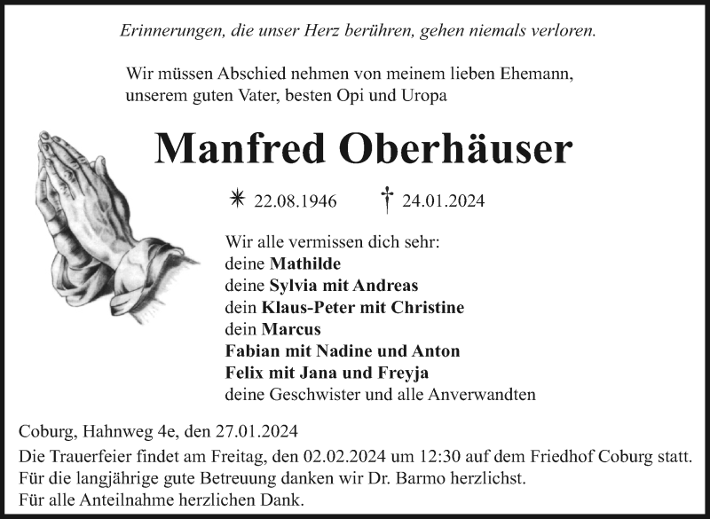  Traueranzeige für Manfred Oberhäuser vom 27.01.2024 aus Neue Presse Coburg