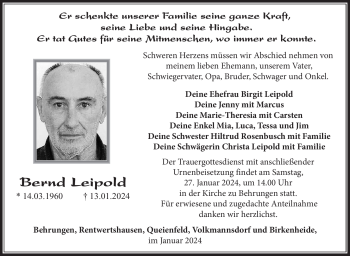 Traueranzeige von Bernd Leipold von Südthüringer Presse