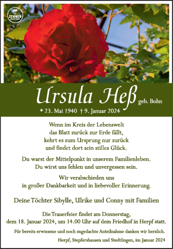 Traueranzeige von Ursula Heß von 80048