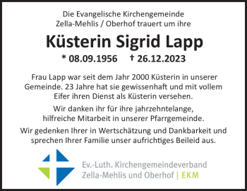 Traueranzeige von Sigrid Lapp von 80048