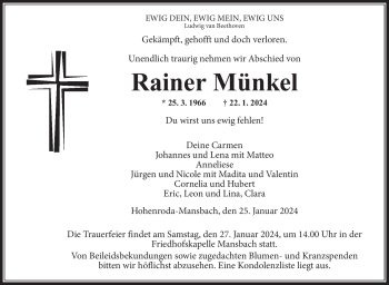 Traueranzeige von Rainer Münkel von Südthüringer Presse