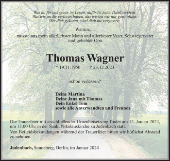 Traueranzeige von Thomas Wagner von 80048