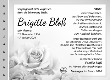 Traueranzeige von Brigitte Bloß von Südthüringer Presse