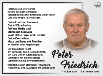 Traueranzeige von Peter Friedrich von Südthüringer Presse
