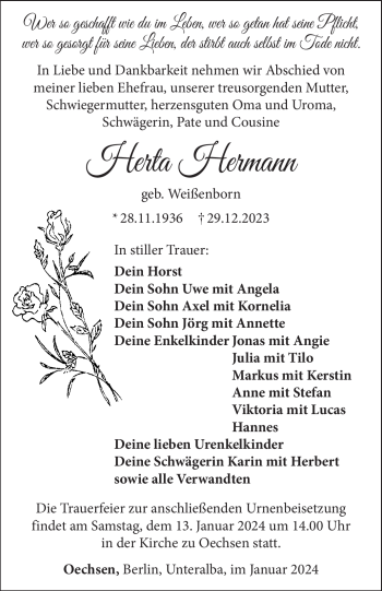 Traueranzeige von Herta Hermann von 80048