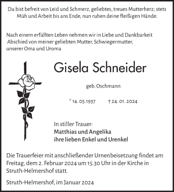 Traueranzeige von Gisela Schneider von Südthüringer Presse