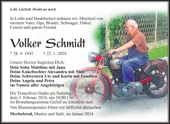 Traueranzeige von Volker Schmidt von Südthüringer Presse