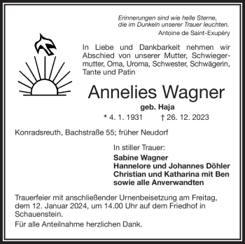 Traueranzeige von Annelies Wagner von 80048