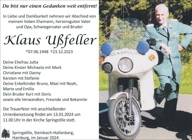  Traueranzeige für Klaus Ußfeller vom 06.01.2024 aus 80048