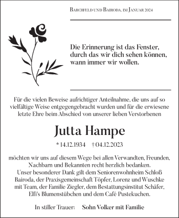 Traueranzeige von Jutta Hampe von 80048