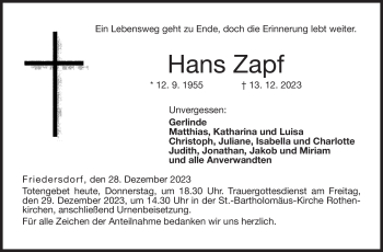 Traueranzeige von Hans Zapf von Neue Presse Coburg